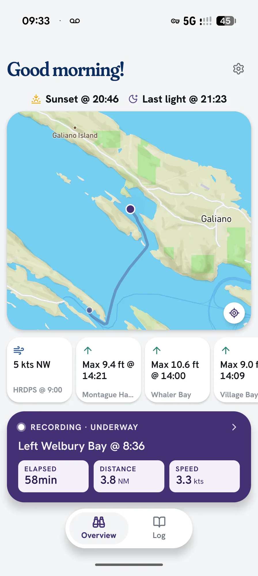 The complete Skana home screen with a live map, nearby conditions, and a journey recording underway from Welbury Bay