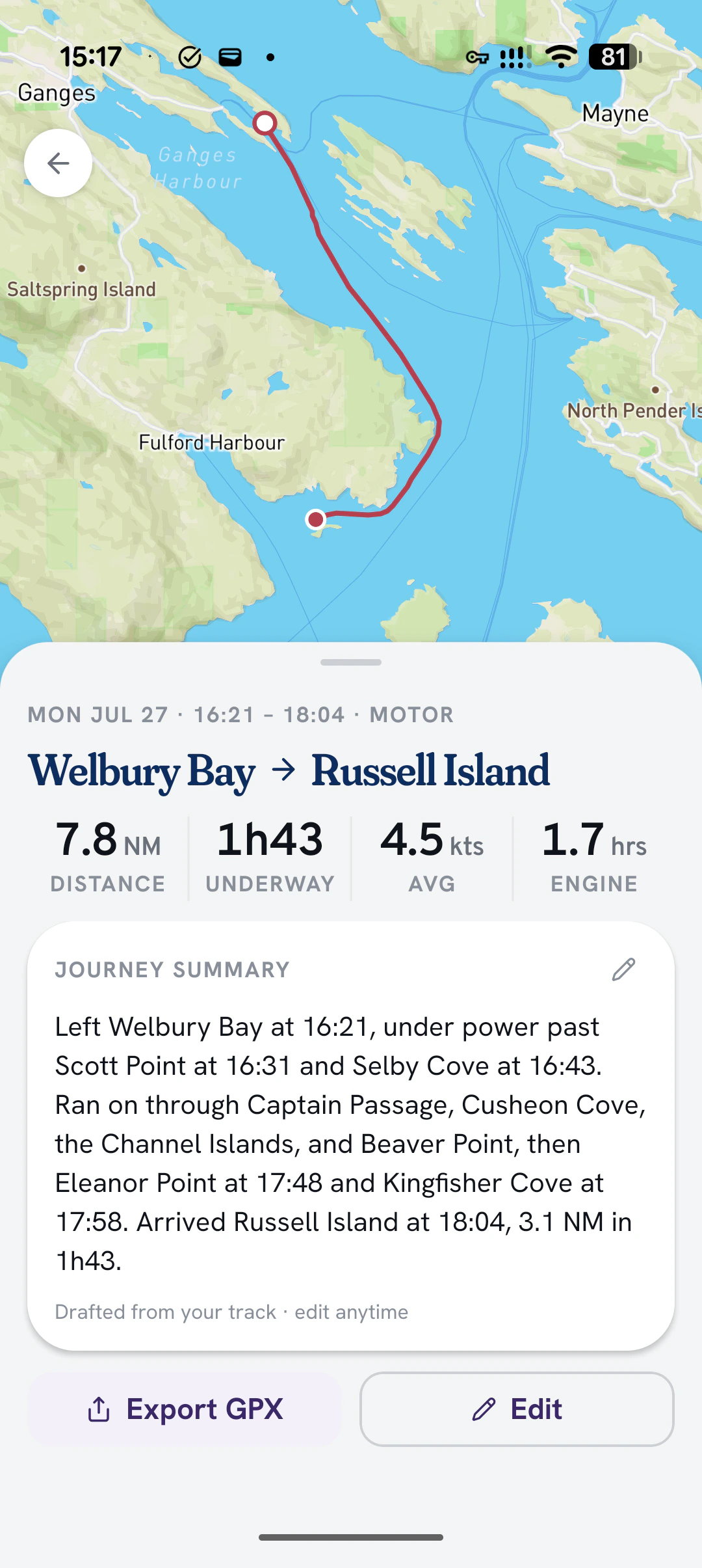 Skana journey details for Welbury Bay to Russell Island with route, trip numbers, and a plain-language summary