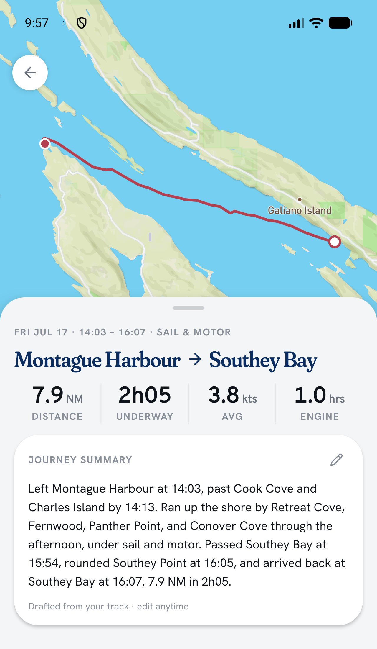 Skana journey details for Montague Harbour to Southey Bay with route, trip numbers, and summary