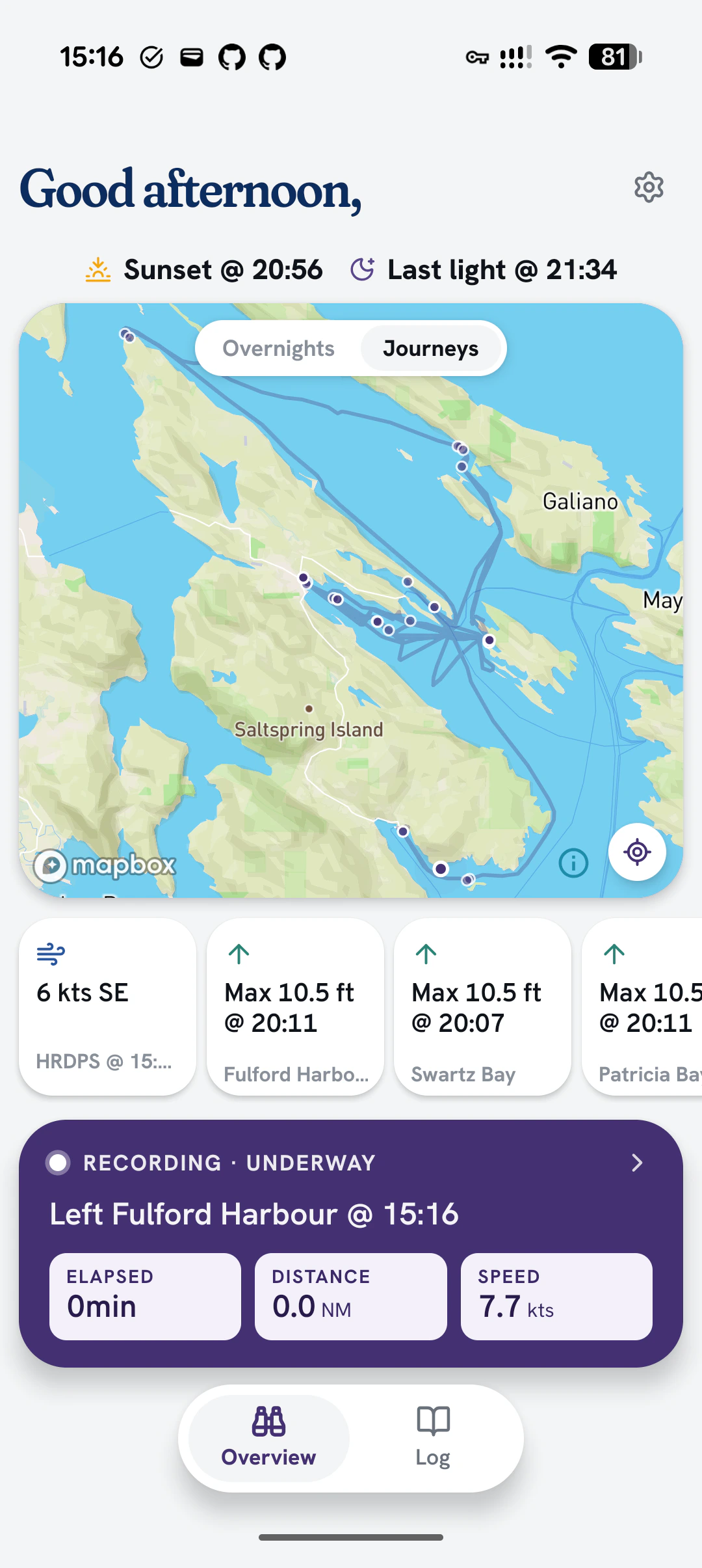 The complete Skana Overview screen while recording a journey underway from Fulford Harbour